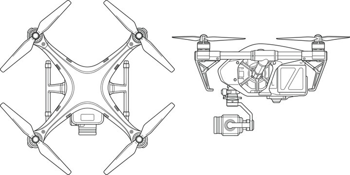 Camera drone vector sketch showing top and side view outline blueprints for industrial technology design