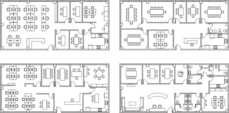 Corporate office floor plan blueprint collection with furniture layout options for workspace interior architecture design