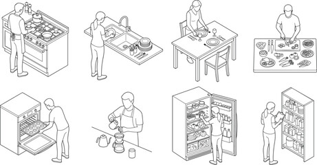 Obraz premium Isometric kitchen activities and people cooking vector outline sketch icon set for interior design