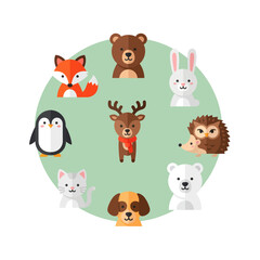 Naklejka premium Cute Woodland Animals Cartoon Collection - Fox, Bear, Deer, Rabbit, Penguin