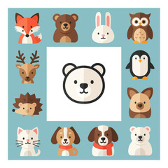 Fototapeta premium Cute Woodland Animals Cartoon Collection - Fox, Bear, Rabbit, Owl, Deer, Penguin