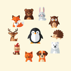 Fototapeta premium Cute Woodland Animals Circle - Fox, Bear, Rabbit, Owl, Penguin, Deer, Cat, Dog, Hedgehog