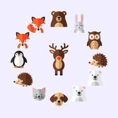 Fototapeta premium Cute Woodland Animals Circle Arrangement: Fox, Bear, Rabbit, Owl, Hedgehog, Polar Bear, Dog, Cat, Penguin, Reindeer