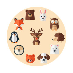Naklejka premium Cute Woodland Animals Circle Collection - Fox, Bear, Deer, Owl, Penguin, Dog