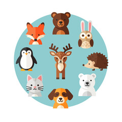 Naklejka premium Cute Woodland Animals Circle Collection - Fox, Bear, Owl, Deer, Penguin, Cat, Dog, Hedgehog, Polar Bear