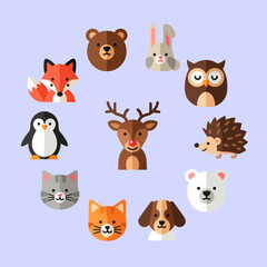 Naklejka premium Cute Woodland Animals Circle Collection - Fox, Bear, Rabbit, Owl, Deer, Hedgehog, Dog