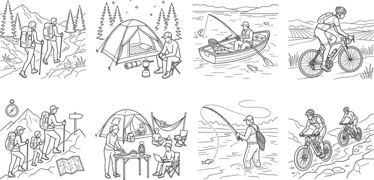 Outdoor adventure and camping activities vector outline icon set for nature travel graphic design