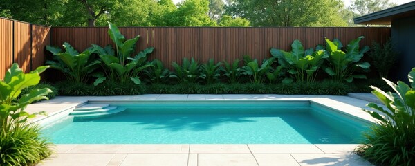 Obraz premium Turquoise swimming pool set in lush garden with modern wood fence. Clean water reflects sunlit trees. Private backyard oasis offers serene relaxation and modern home luxury.