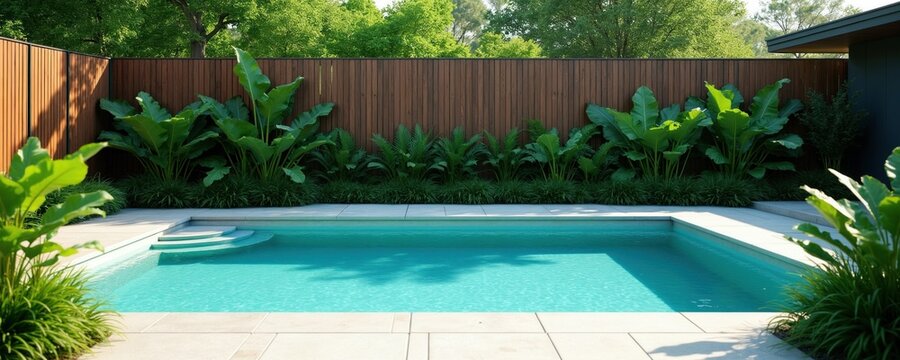 Turquoise swimming pool set in lush garden with modern wood fence. Clean water reflects sunlit trees. Private backyard oasis offers serene relaxation and modern home luxury.