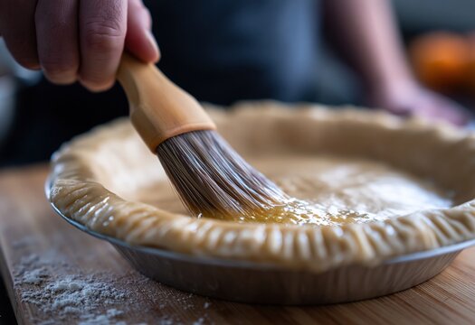 Hand brushing butter onto pie crust.