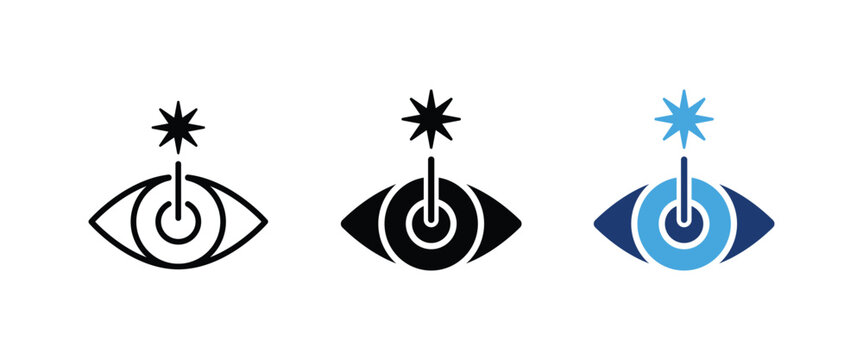 Medical laser eye surgery icon, Ophthalmology lasik vision correction symbol, Hospital refractive optical treatment graphics, Healthcare clinic elements, Vector illustration