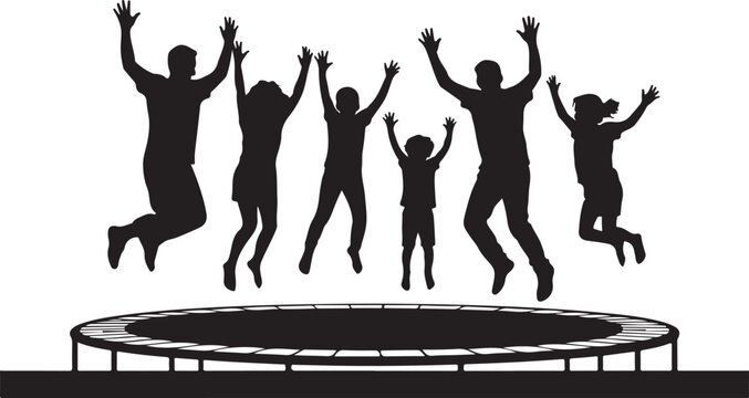 Happy family jumping on a trampoline, silhouette of parents and children having fun together