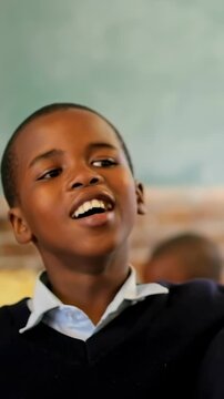 Vertical video: Smiling pupil prompted by lesson, singing, turning in class with board and uniform