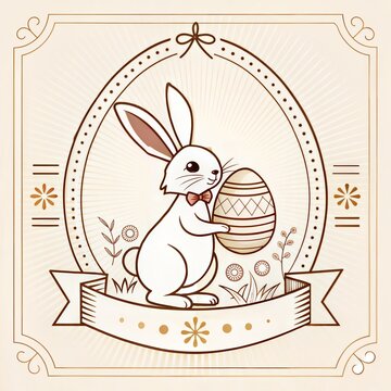 Cute bunny holding decorated egg inside ornate oval frame with floral accents, dotted border, ribbon banner, sunburst backdrop, vintage style, soft cream tones, festive Easter greeting design