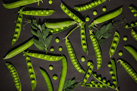 Fresh green pea pods pattern on dark background. Organic food flat lay.