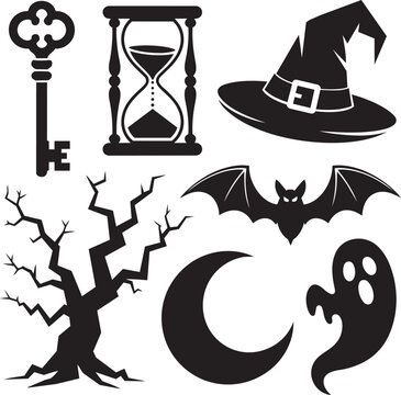 Halloween vector icons spooky key hourglass witch hat bat tree moon ghost silhouettes isolated on white
