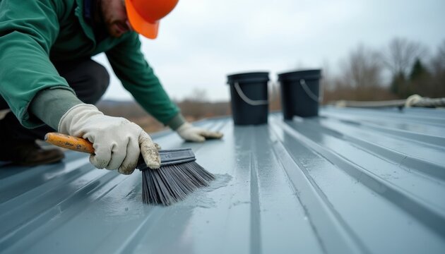 Worker applies protective liquid coating on metal roof panels. He uses brush and wears gloves and hard hat. Work involves careful detail application.
