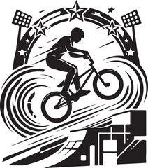 Obraz premium BMX rider performing jump on ramp during competition under stadium lights with starburst