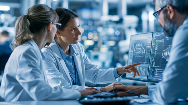 Faceless female project manager talking with a chief engineer in a technology research facility, team of industrial engineers consulting and working on engine design using a
