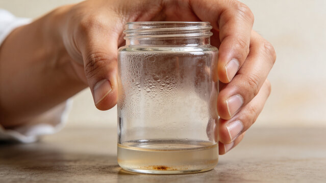 Researcher holds a glass jar containing liquid in biotechnology laboratory setting