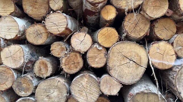 Stacked birch logs with textured bark sustainable timber industry