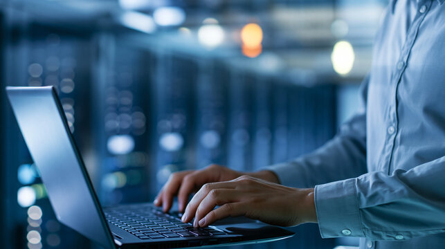 Faceless successful data center IT specialist using a laptop computer in a server farm cloud computing facility, system administrator working on cyber security, defocused server