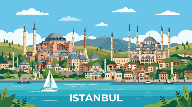 Blue and Green Istanbul Skyline with Hagia Sophia and Sultan Ahmed Mosque Vector Illustration in Flat Travel Landscape Style