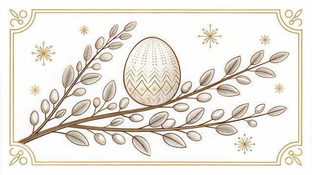 Ornamental gold Easter egg nestled among leafy branches with star motifs, decorative border, elegant linework, and refined botanical symmetry for festive seasonal design