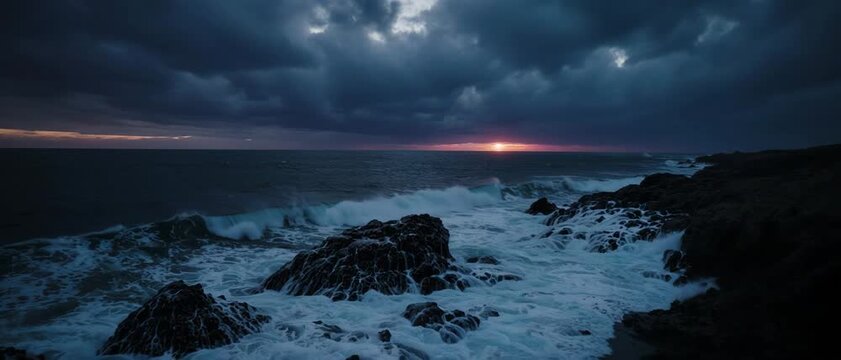 Dramatic ocean waves crashing on rocky shore during twilight with dark stormy clouds overhead