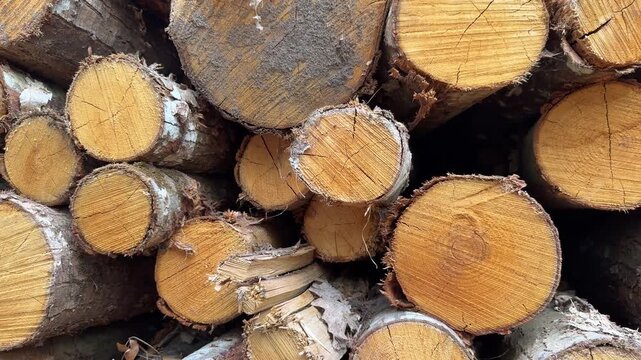 Stacked pine logs with textured bark industrial production
