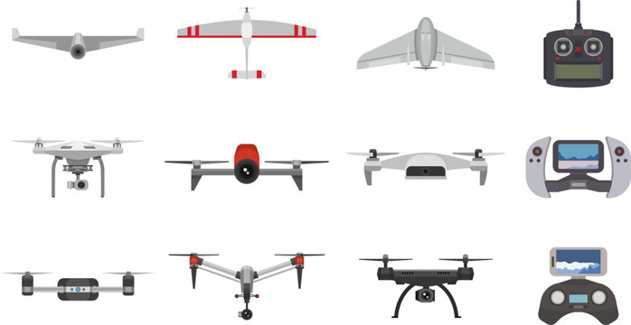 Vector set of various drones and remote controllers: quadcopters, fixed-wing UAVs and transmitters.