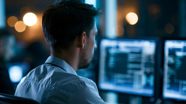Faceless system administrator or consultant looking at screens and saving backup data in a dark evening workplace, network technologies focus, defocused dark office in background,