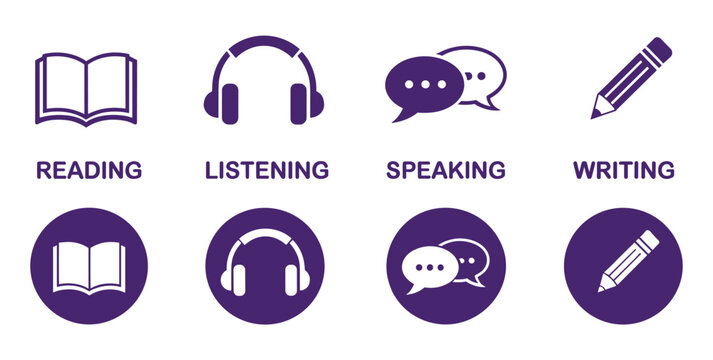 Language Skills Icons. Set of clean icons representing the four core language skills: Reading, Listening, Speaking, and Writing, presented in a modern graphic design.