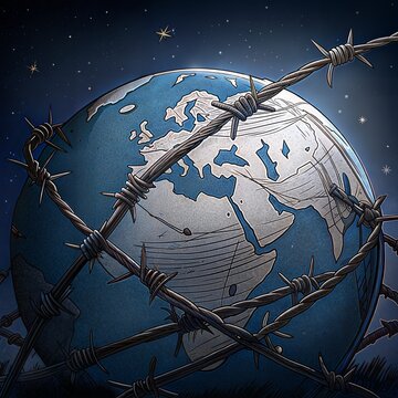 Earth wrapped in barbed wire against starry space, dramatic concept showing global restriction, conflict, control, confinement, sharp metal coils, dark cosmic backdrop, textured continents