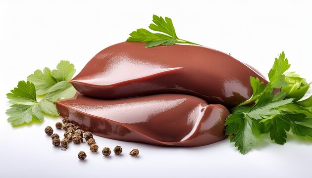 Raw Pork Liver Meat On A White Background With Fresh Herbs