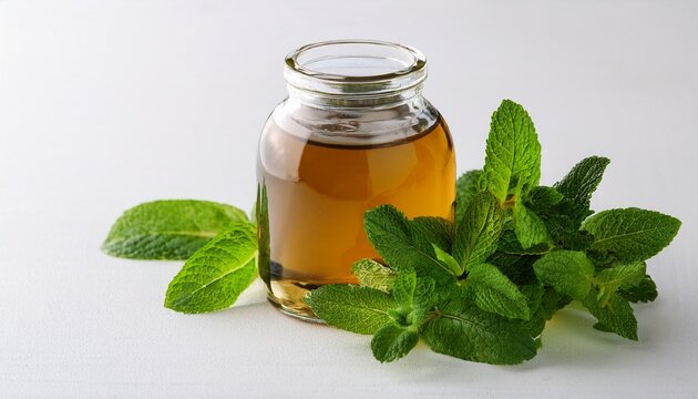 Sweet Mint Syrup And Mint Leaves On White Table