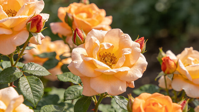 Roses bloom in close-up with dew drops under bright sunlight in a garden setting