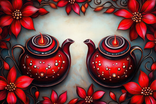 Festive Ceramic Art, Decorative Hand Crafted Teapots Adorned With Poinsettias Evoke Warm Holiday Cheer