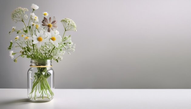 Spring Wildflowers In Glass Jar On Light Background For Minimal Floral Design
