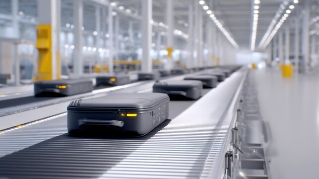 Close up luggage conveyor and sorting system in an automated baggage handling facility for transport design background and logistics banner