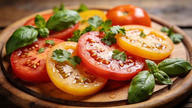Sliced tomatoes with herbs on a wooden board in a kitchen setting during the daytime hours