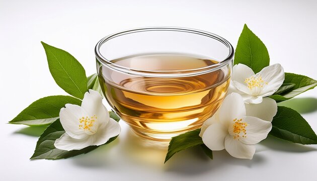 Brewed Jasmine White Tea In A Clear Glass Cup Surrounded By Delicate White Jasmine Flowers And Green Leaves On A White Background
