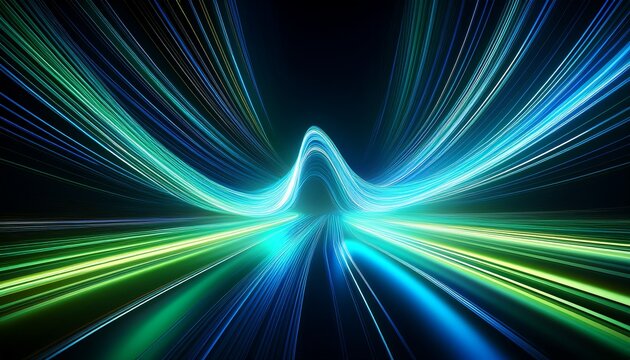Abstract Flowing Light Trails In Blue And Green On Dark Background