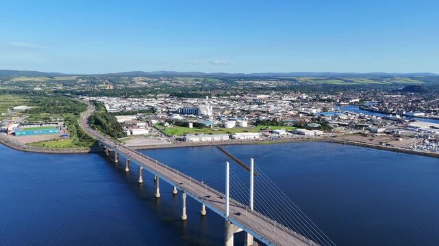 Aerial panoramic view of the Kessock Bridge and Inverness city skyline in Scotland, United Kingdom
