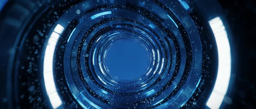Futuristic blue tunnel with glowing rings and particles moving forward with cinematic motion during night