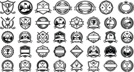 Fototapeta premium Vintage golf emblem set with geometric badges heraldic shields crossed clubs tournament ribbons crowns and laurel wreaths vector templates
