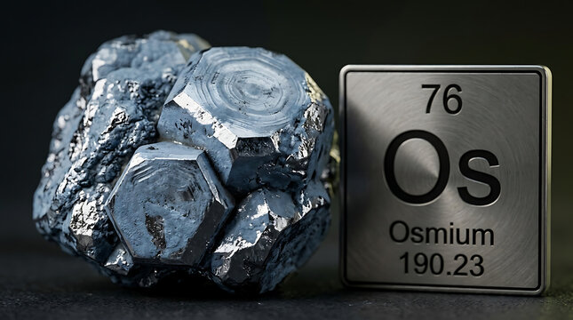 Raw Osmium Metal Crystalline Bead Bluish-Silver Luster Hexagonal Crystal Facets Heavy Blue-Gray Oxide Beside Brushed Iridium Periodic Table Tile Platinum Group