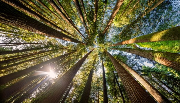 Looking Up At Tall Trees From The Forest Floor With Sunlight Filtering Through The Branches And Leaves Nature And Forest Scene The Perspective Of Looking From The Ground Toward The Canopy