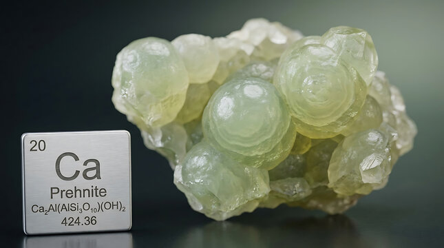 Raw Prehnite Botryoidal Crystal Aggregate Pale Green Yellow-Green Vitreous Pearly Luster Rounded Hemispheres Beside Brushed Calcium Periodic Table Macro Phyllosilicate