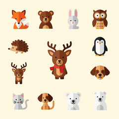 Naklejka premium Cute Woodland Animals Collection - Fox, Bear, Deer, Owl, Penguin, Dog, Cat